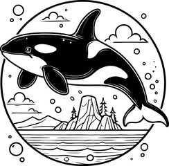 Orca Whale Jumping in Ocean Landscape Circle Illustration