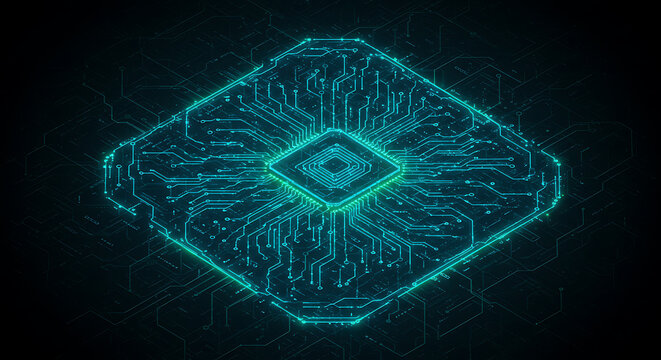 Glowing teal microchip on a circuit board, symbolizing advanced technology, data processing, artificial intelligence, or a powerful digital brain.