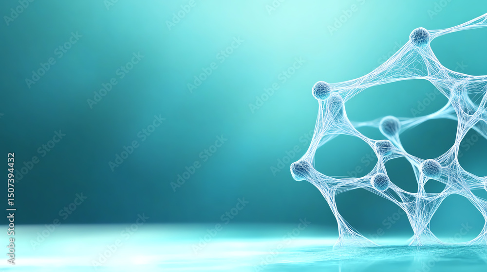Poster an abstract representation of molecular structures on a serene, blue background, highlighting the be