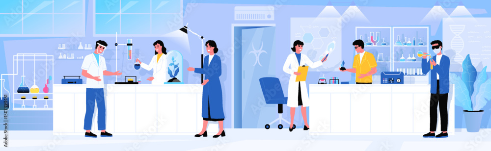 Poster laboratory research. scientific computer equipment. biology or health study. scientists work with ch