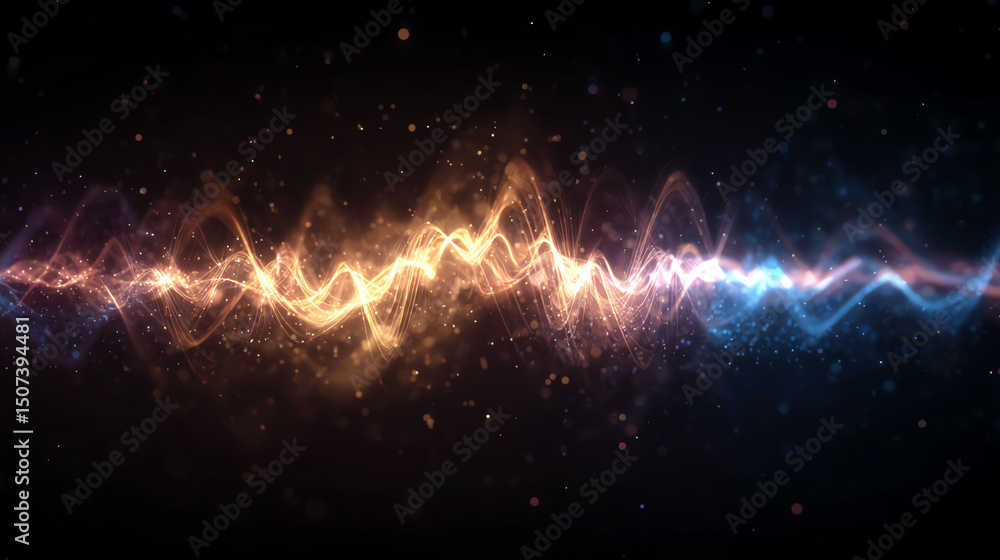 Poster an abstract wave pattern showcasing vibrant colors of sound and light, representing energy and digit