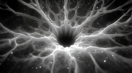 An abstract representation of neural connections, showcasing intricate patterns and structures in black and white.