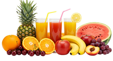 Assortment of fresh fruits and juices isolated on white background, including pineapple, watermelon, oranges, apples, bananas, and grapes