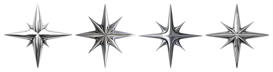 Obraz premium PNG Four metallic compass stars with eight points each element set on transparent background.