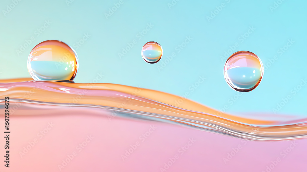 Poster beautifully captured water droplets reflecting colors against a soft pastel background, creating a s