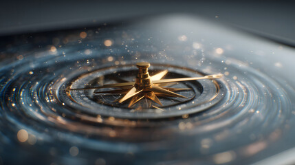 Golden compass needle pointing direction with swirling particles and bokeh lights, abstract concept of guidance and discovery