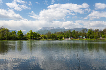 View of the lake in the city park of Vladikavkaz