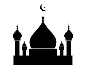 Black Mosque Vector Silhouette – Islamic Masjid Icon with Crescent | Minimalist Muslim Architecture Symbol.