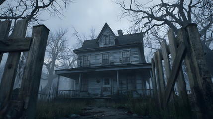 Eerie view of a dilapidated haunted house surrounded by bare trees and fog in a spooky forest at dusk