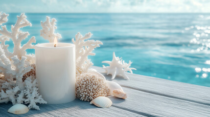 Obraz na płótnie Canvas White candle, seashells, and corals on a table against a blue sea view background