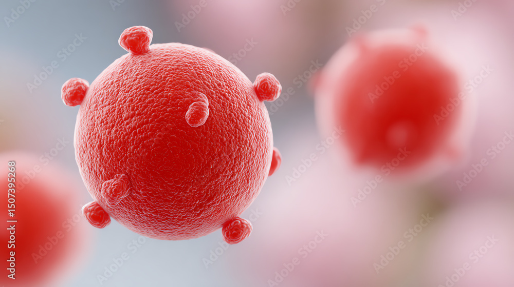Poster Close-up view of a red virus, showcasing its structure and details. Ideal for educational and scientific materials.