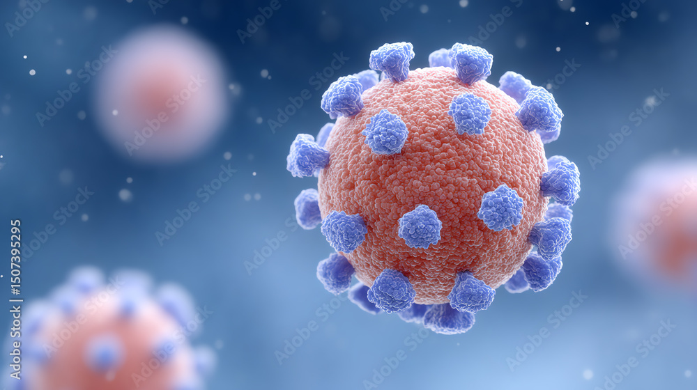 Poster Close-up view of a virus particle, showcasing its structure and intricate detailing under a microscope. A fascinating biological phenomenon.