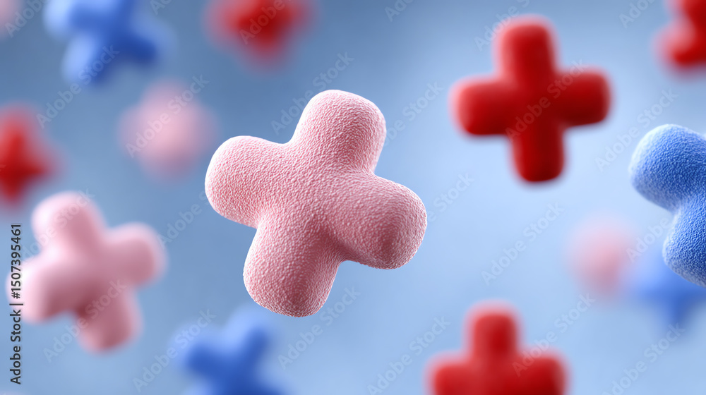 Poster colorful 3d representations of microscopic shapes in a vibrant blue backdrop, symbolizing growth and