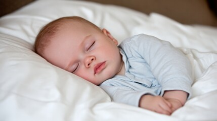 Peaceful sleeping baby boy resting on soft white bedding in a cozy bedroom setting