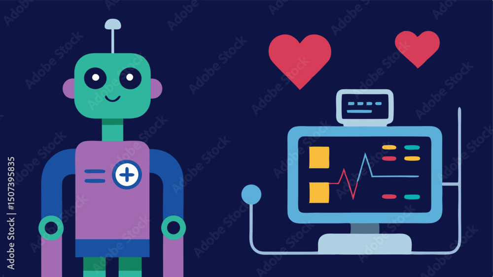 Poster patient monitoring robot a small robot monitoring a patients vital signs with colorful lights indica