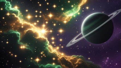 Stunning Cosmic Dreamscape: A Vibrant Ringed Planet in a Glowing Green and Gold Nebula with Brilliant Stars.