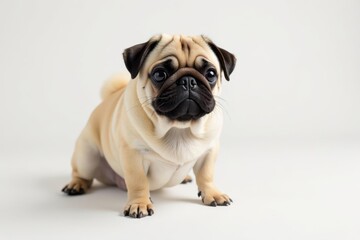 Solo pug, attentively looking, pure white backdrop, attentive, breed