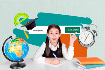 Exclusive artwork collage of happy schoolgirl sit table globe notepad supplies gpt chat generate...