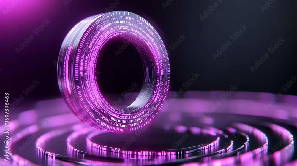 Poster futuristic design featuring a glowing pink circular object surrounded by radiant patterns, symbolizi