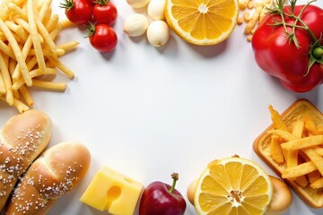 Variety of junk food items arranged on white backdrop , calorie, unhealthy, soda
