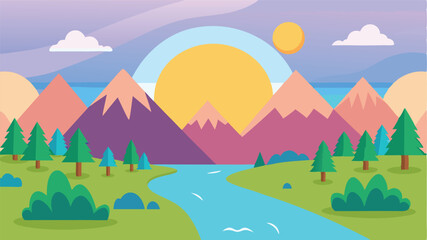 Vibrant mountain landscape sunrise river png