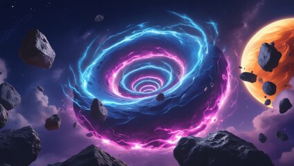 Vibrant Cosmic Wormhole: A Dynamic Space Portal with Glowing Blue & Magenta Energy, surrounded by Asteroids and a Distant Planet.