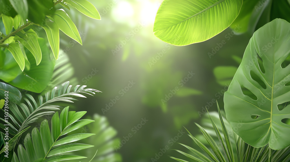 Aufkleber lush green foliage illuminated by soft sunlight, creating a serene and tranquil atmosphere in a trop