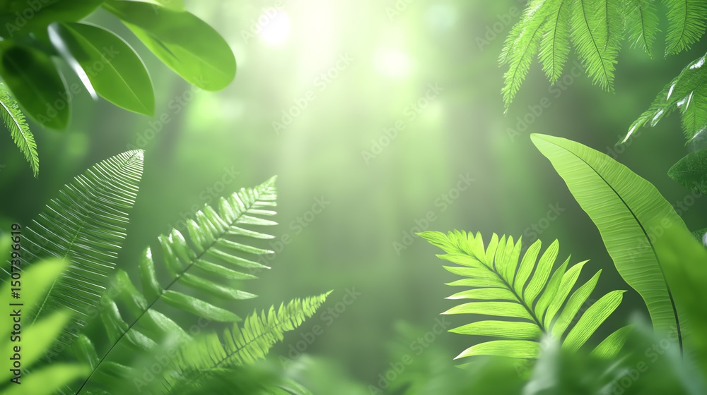 Poster lush green foliage with sunlight filtering through leaves, creating a serene and refreshing atmosphe