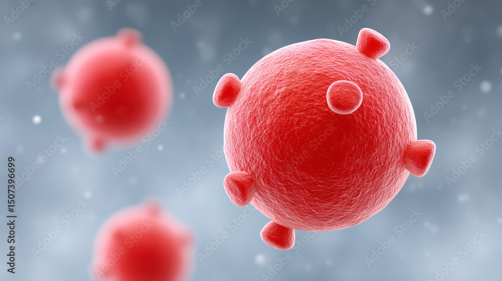 Poster Microscopic view of red virus particles, showcasing intricate details and structures in a scientific context.