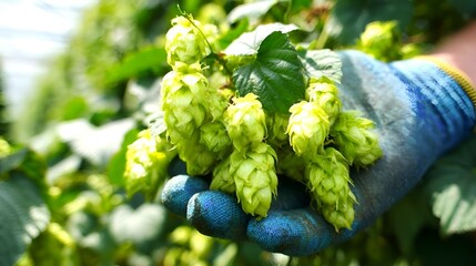 Close-up of hops in the hand of a harvester. 