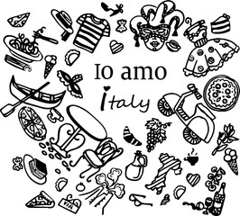Hand-drawn doodles representing Italian culture and cuisine  