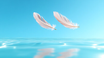 Two delicate feathers float gracefully on calm water under a clear blue sky, capturing a serene and tranquil moment in nature.