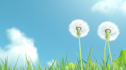 Two vibrant dandelions in a lush green field under a bright blue sky, embodying the essence of spring and renewal.