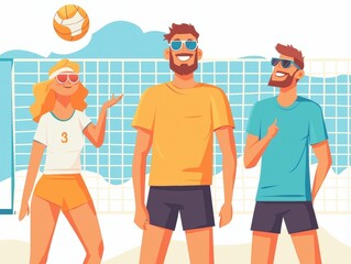 Happy beach volleyball players summer fun and teamwork