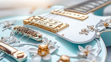 beautifully decorated electric guitar with intricate floral designs and gold accents. The light blue color and detailed craftsmanship create an elegant and artistic visual effect.