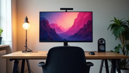 Empty chair facing computer screen in bright room , modern, work from home, distancing