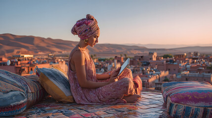 Woman in turban using tablet on rooftop overlooking a city at sunset with colorful cushions