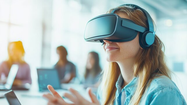 Immersive vr experience young woman exploring virtual reality
