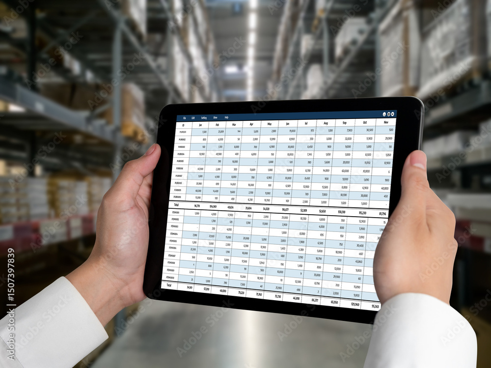 Poster accounting software on computer screen showing financial statement spreadsheets and account balance 