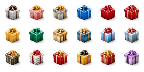 Collection of Christmas Elements, Gift Box, Snowman, Bells, Gnome, and Christmas Trees.