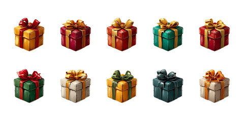 Collection of Christmas Elements, Gift Box, Snowman, Bells, Gnome, and Christmas Trees.