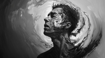 man, thinking too much, symbolized by a mental turmoil. generative ai