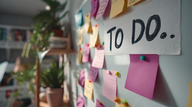 Organizing tasks and brainstorming ideas with a to-do list and colorful sticky notes on a vision board in a creative workspace