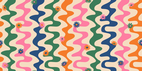Plakat Floral pattern with abstract wave stripe. Groovy flowers background for fabric, textiles, clothing, cover, poster, banner, packaging, wallpaper, interior decor. Vector illustration.