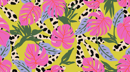 Hand drawn tropical flowers, seamless patterns with floral for fabric, textiles, clothing, packaging, cover, poster, interior decor, abstract natural backgrounds. Vector illustration.