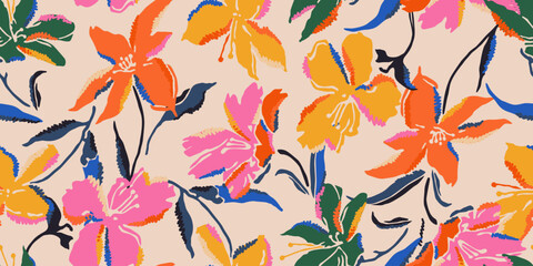 Hand drawn tropical flowers, seamless patterns with floral for fabric, textiles, clothing, packaging, cover, poster, interior decor, abstract natural backgrounds. Vector illustration.