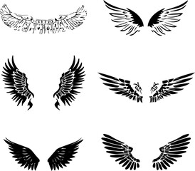Six stylized black angel wings, perfect for graphic design.