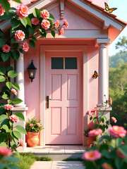 photograph quaint pink house facade adorned vibrant bouquets delicate butterflies amidst lush greenery
