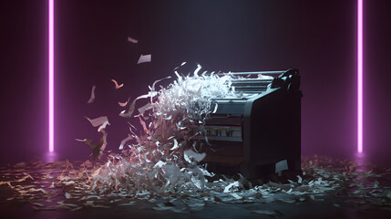 Shredded documents illustration Paper explosion from a printer in a dark, neon-lit setting