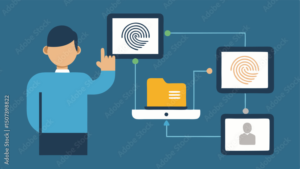 Poster data linking a forensic expert connecting fingerprints on a computer screen to various case files em